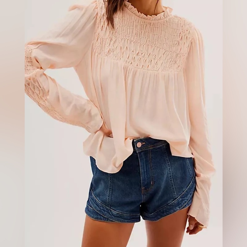 FREE PEOPLE Smocked in Time Ruffled High Neck Blouse Size S NWOT